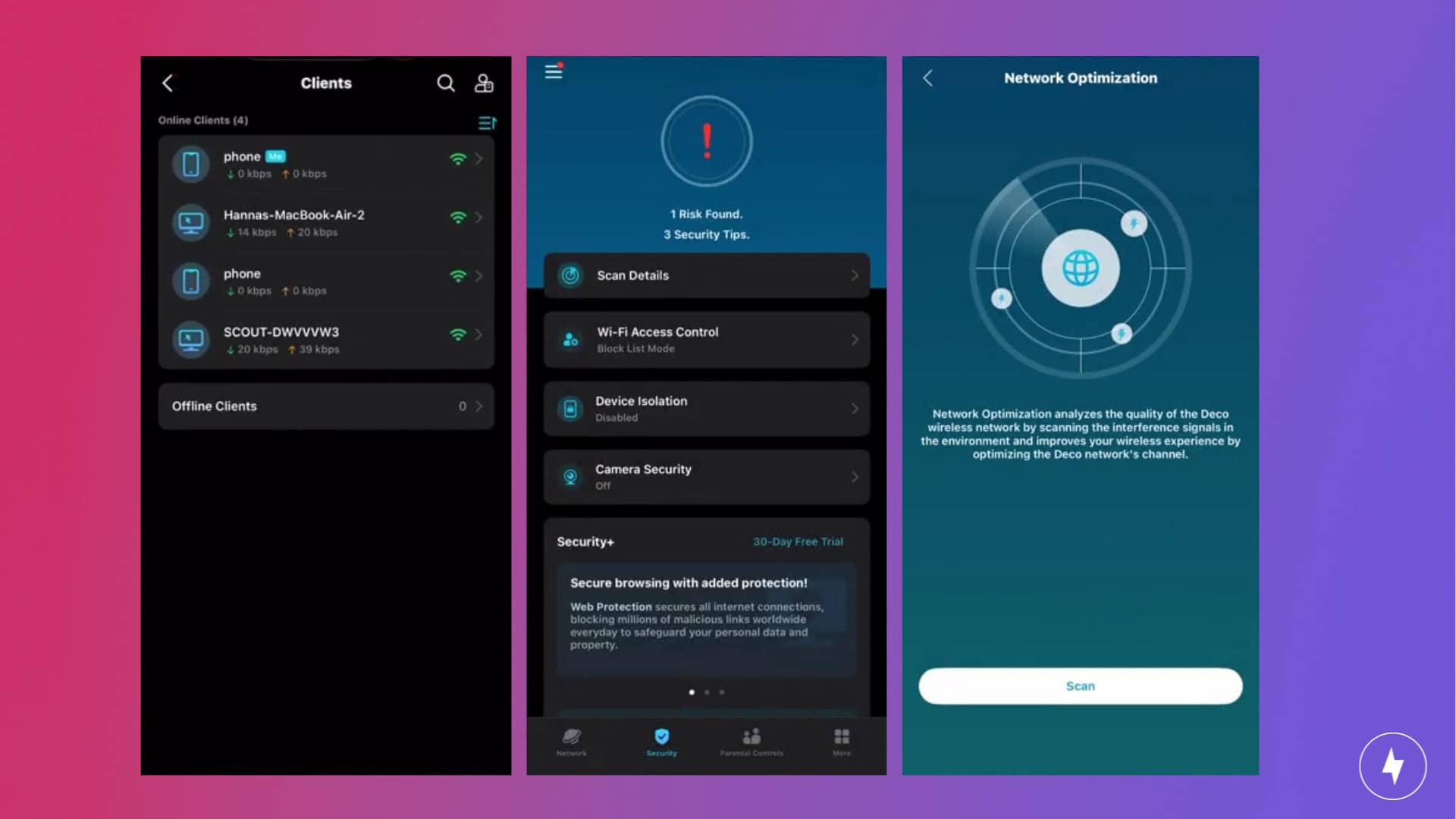 Screenshots of the TP-Link Deco BE63’s mobile app navigation.