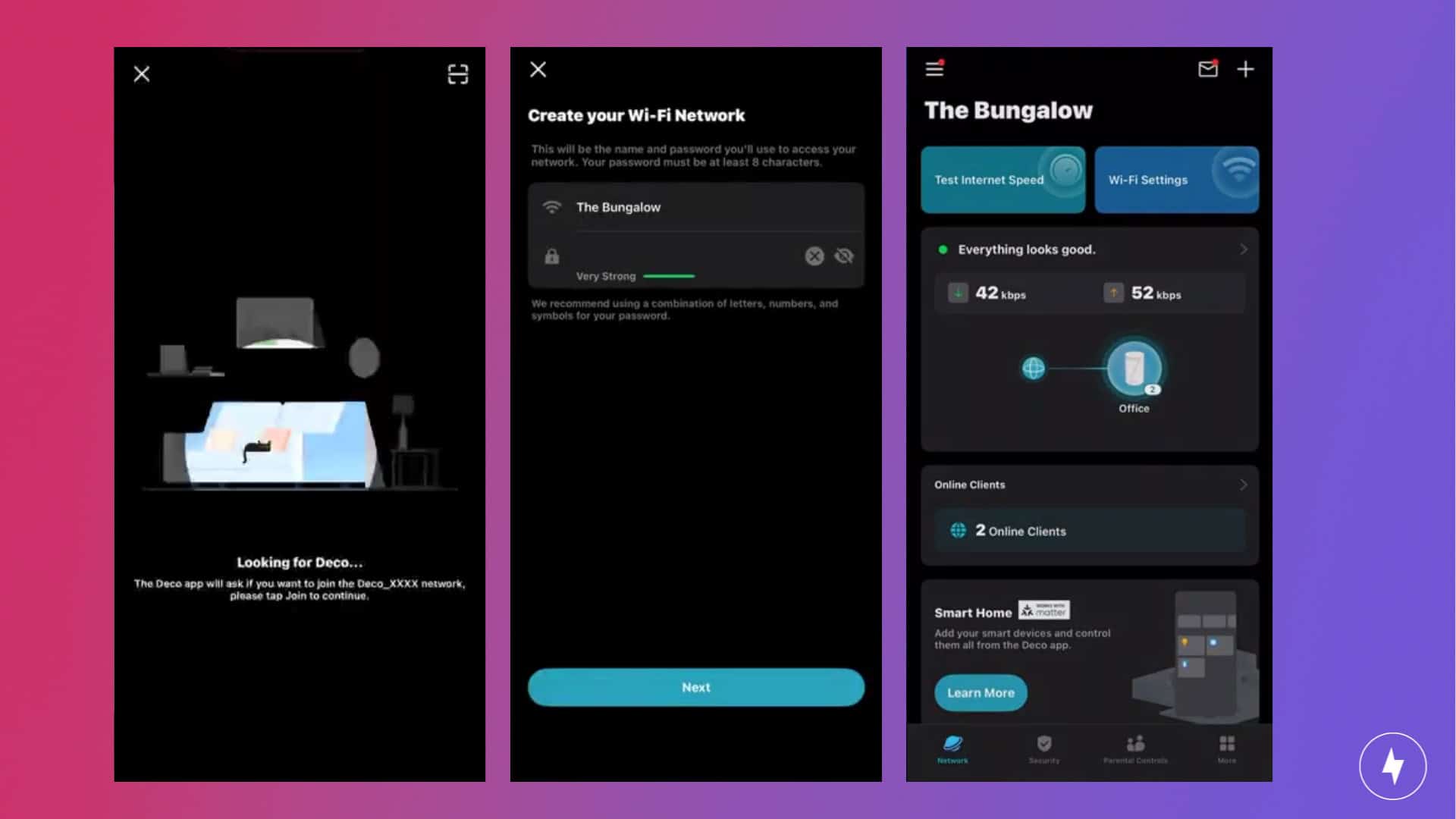 Screenshots of the TP-Link Deco BE63 setup process on the mobile Deco app.