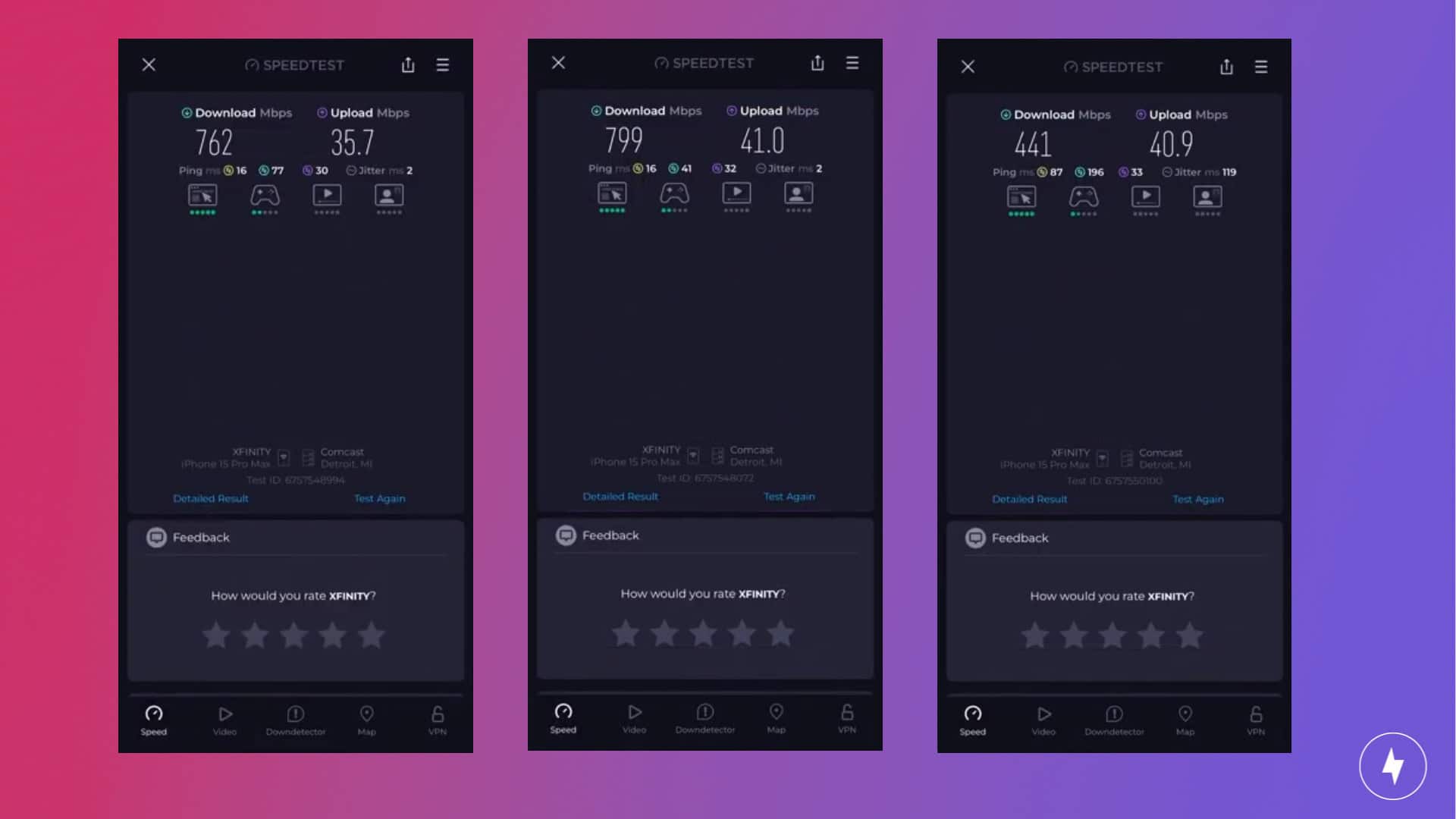 Screenshots of TP-Link Deco BE63 speed tests with a floor between the router and device.