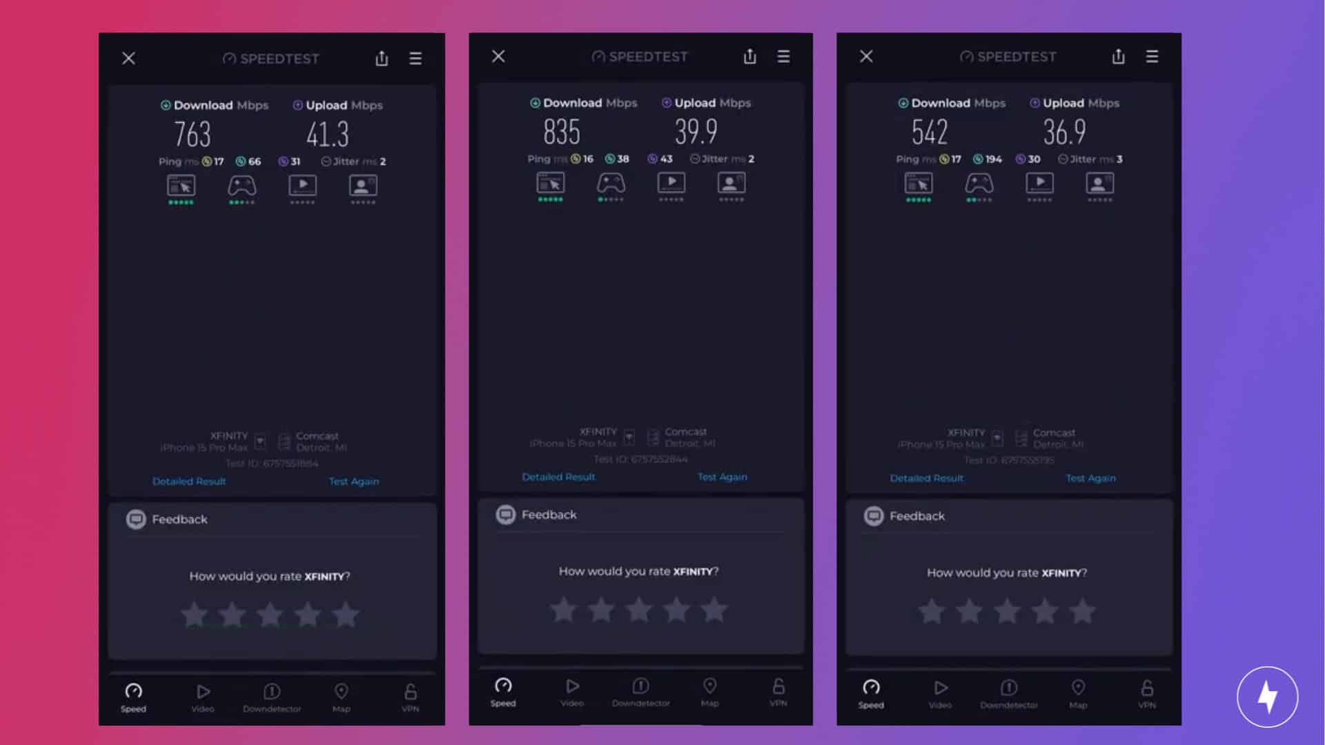 Screenshots of TP-Link Deco BE63 speed tests while 15 feet away from the router.