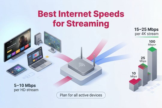 Infographic illustrating internet speed needs for HD and 4K streaming across simultaneous devices.