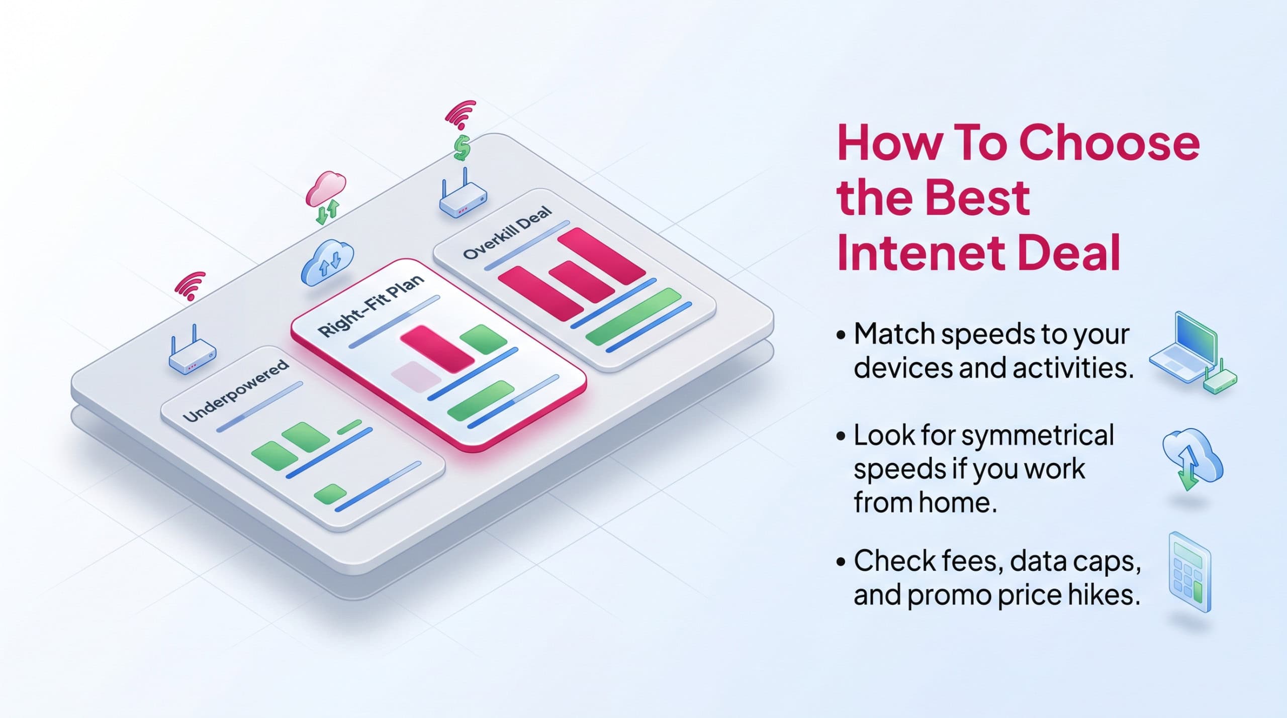  Infographic comparing underpowered, right-fit, and overkill internet plans based on usage and cost.