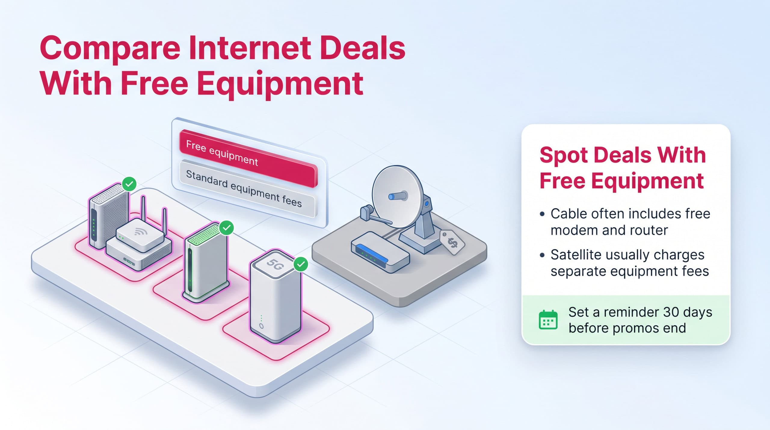 Infographic comparing free internet equipment for cable and 5G versus paid equipment for satellite.