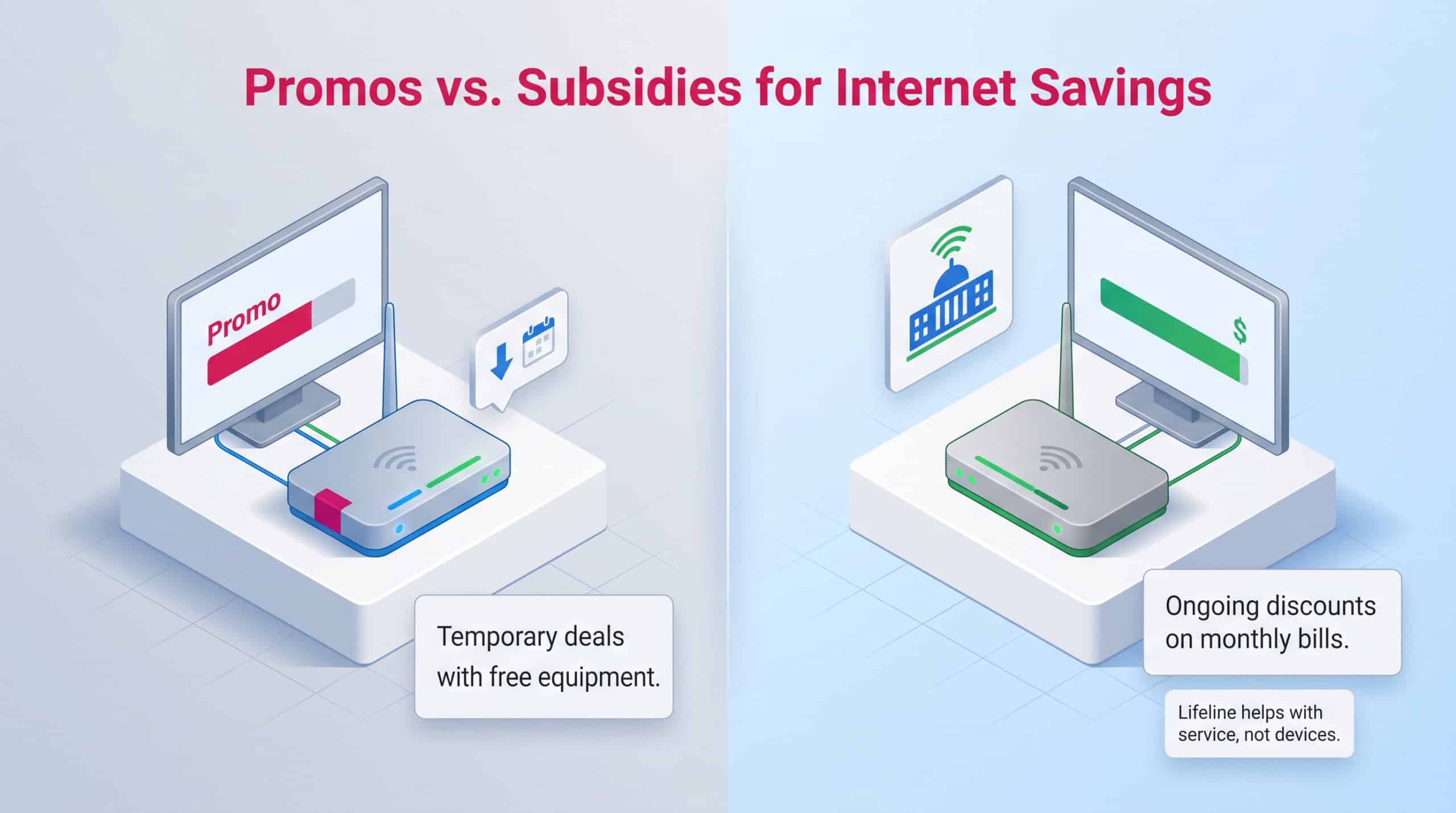 A comparison infographic contrasting temporary internet promos versus ongoing government subsidies.