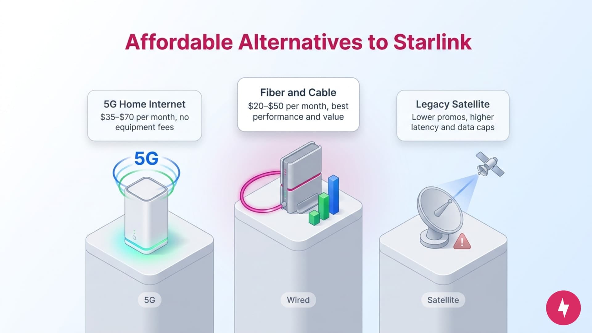 A diagram comparing 5G home internet, fiber or cable, and legacy satellite internet options.