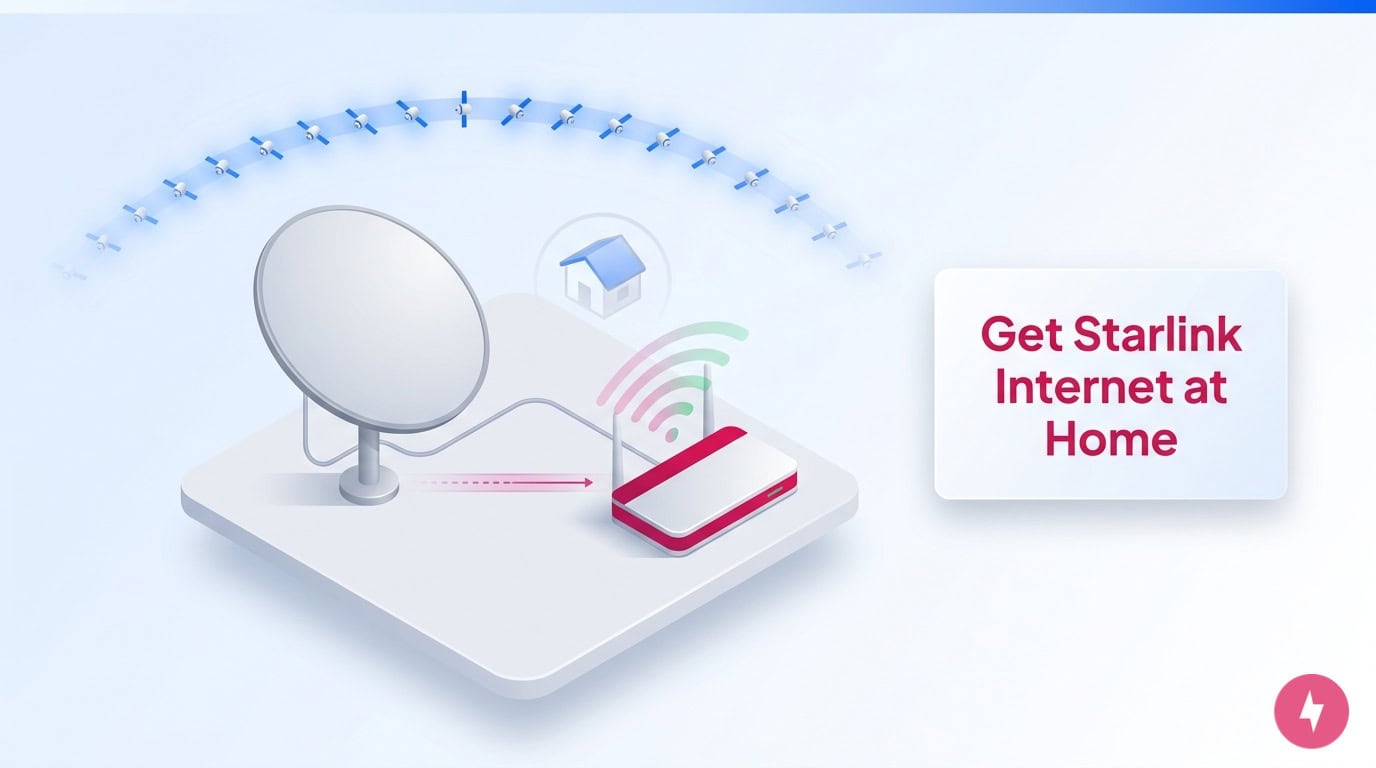 An isometric 3D illustration of a satellite dish and router with a Get Starlink Internet at Home card
