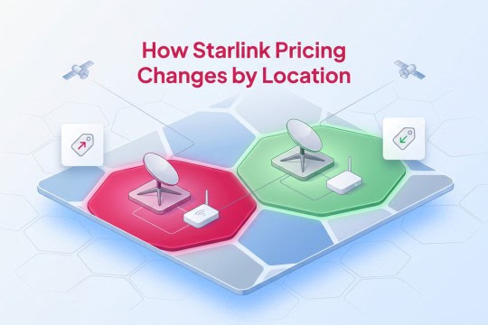 An isometric 3D graphic showing satellite dishes on a platform representing variable regional pricing.