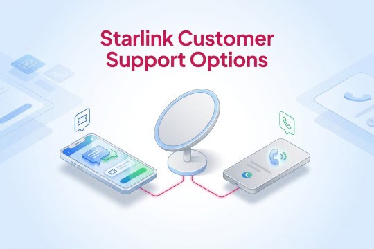 Isometric digital illustration showing a Starlink dish connected to a smartphone and a phone handset