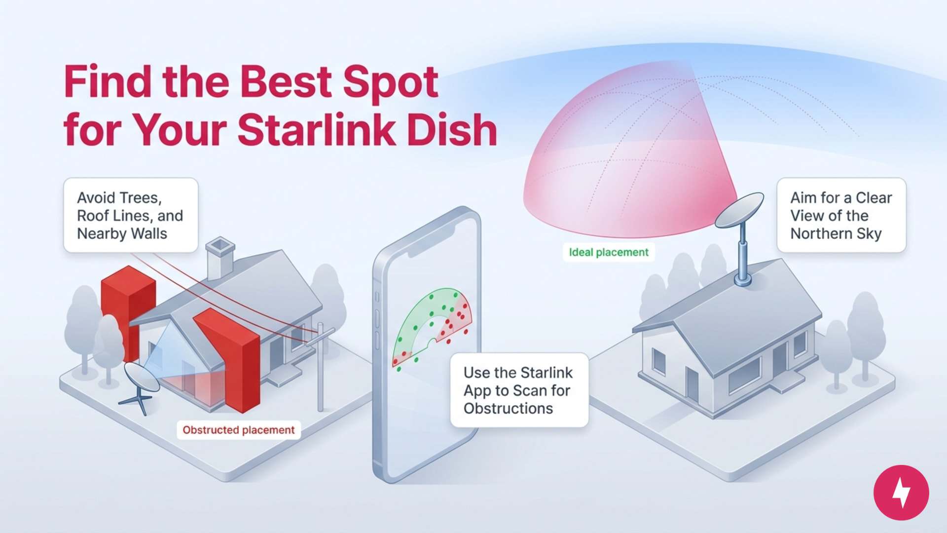 Illustration showing good and bad Starlink dish placement using the app for obstruction testing.