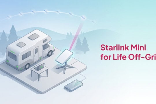 An isometric campsite with a Starlink Mini dish connected to a satellite via a magenta data beam.